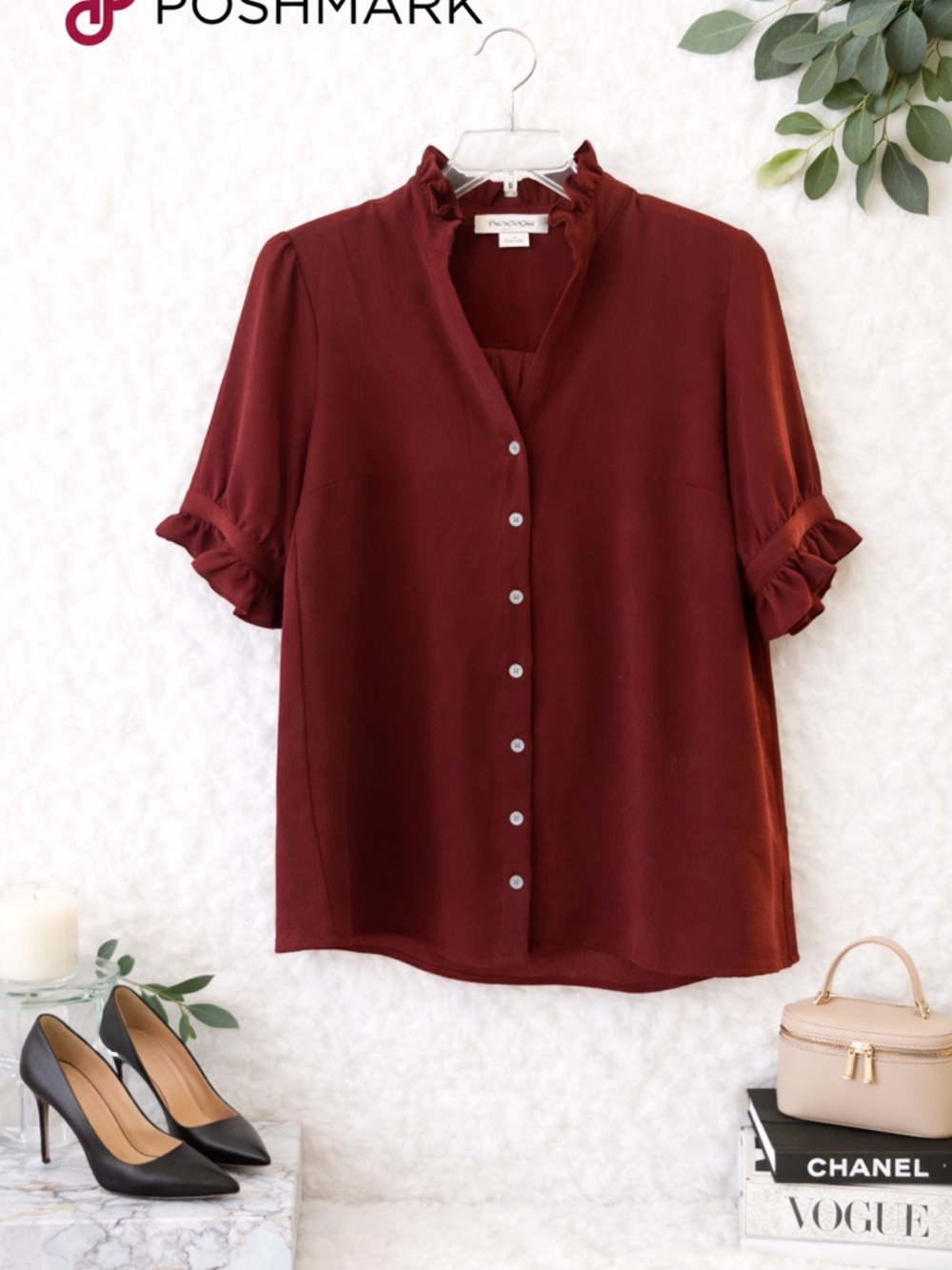Amanda & Chelsea Wine Ruffle Collar Button-Front Blouse